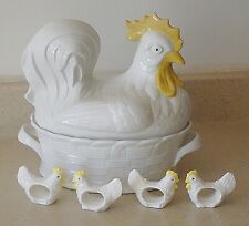 1950's Carbone Porcelain Rooster Covered Casserole w/ Handles & 4 Napkin Rings picture