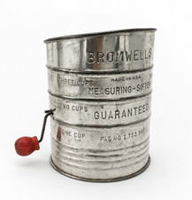 Vintage Bromwell's 3-Cup Measuring Flour Sifter with Red Wooden Crank Handle picture