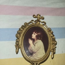 1960s Vintage Italian Brass Oval Ornate Framed Pictures Victorian Praying Girl  picture