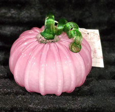 Shabby Chic Hand Blown Art Glass Pink Pumpkin Green Stem 6x8 Fall Pinkoween Deco picture