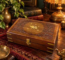 Vintage India Carved Wood Brass Elephant Inlay Jewelry Trinket Box Velvet Lined picture