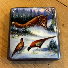 Vintage Nickel Silver Cigarette Case, Enamel Hand-Painted Fox & Pheasants  picture