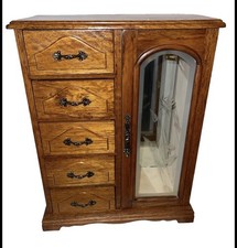 Pretty Vintage Linden Japan Jewelry Box Glass Door Oak 5 Drawer  picture