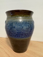 Signed Studio Pottery Vase Glossy Brown n Flat Blue Glaze Arches n Ring Pattern picture