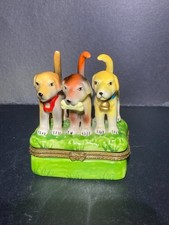 Vintage Porcelain 3 Dogs Hinged Trinket Box w Mini Bone Puppy Figurine picture