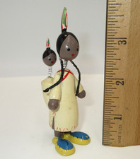 Vintage Goula Spain Wooden Wood Bobblehead Figurine Indian Squaw Baby in Papoose picture