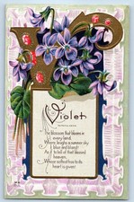 c1910's Large Letter V Violet Flowers Gemstones Motto Embossed Antique Postcard picture