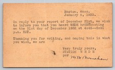 1933 WHDH Radio Boston Mass. Broadcast Verification Postcard, Jan 5, 1933 picture