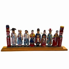 VTG Korean Wood Carved Totem Figurine Set Hand Painted Hanbok Dolls Totem 12.5