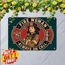 Round Female Firefighter On Duty Metal Sign Vintage Plaque Decor 8x12 picture
