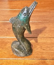 Carved Soapstone Dolphin Statue Verdigris Green Faux Bronze Finish Paperweight picture