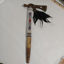 Native American Indian U.S. Pipe Tomahawk with Engraved Blade and Beadwork picture