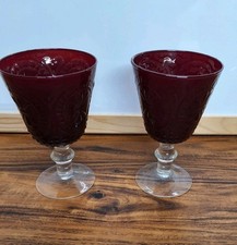 Vtg Ruby Red Stemmed Water/Wine Goblets Set Of 2 Molded Glass Christmas Dinner picture