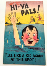 Vintage 1955 Comic Linen Postcard Hi Ya Pals Swimming Humor Postmarked picture