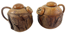Vintage Wood Tree Bark Jugs Wooden Cabin Salt and Pepper Shakers picture