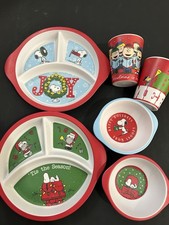 Peanuts Snoopy Christmas Dinnerware Lot 6 Pc Divided Plates Bowls Cups picture