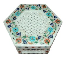 10'' Marble Jewelry trinket Box Inlay Pietra dura mosaic Handmade Art nice shape picture
