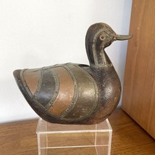 VINTAGE HAND CARVED WOODEN DUCK MCM FIGURE INLAID BRASS AND COPPER 5.5” TALL picture
