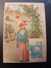 Victorian Trade Card,  Sewing Machine Lady Picking Roses picture