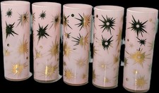 Set 5 Atomic Starburst Tumblers Federal Glass 22k Gold MCM Barware  picture