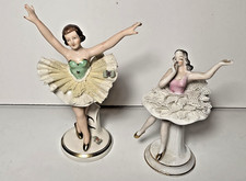 2 Vtg Ballerina Porcelain Dancing Figurines Dresden Style Lace Germany Japan picture