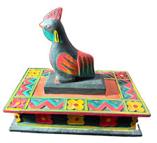 Hand Carved Painted Wood Rooster Trinket Box Folk Art Floral Decor Storage picture