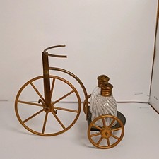 VINTAGE Clear Glass Salt & Pepper Shakers Set 3pc in Metal Cart Stand picture