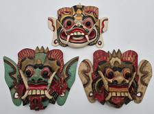 3 Balinese Rangda Style Hand Carved Wood Masks Indonesian Folk Art Wall Decor picture