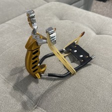 Metal Slingshot With Rubber And Leather Bands Gold Painted Strong Hunting picture