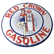 Vintage Red Crown Gasoline Sign - Gas Motor Oil Pump Porcelain Pinup Girl Sign picture