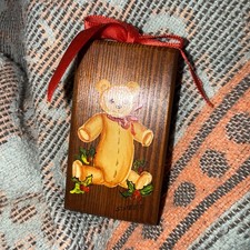 Vtg Handpainted Signed Teddy Bear Woodblock Christmas Ornament EUC 2.5” picture