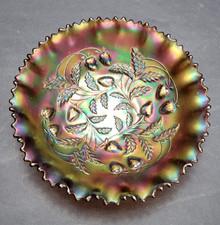 Northwood Strawberry Amethyst Carnival Glass Ruffled Bowl with