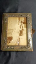 Antique Victorian Edwardian Era Wooden Velvet Photo Album With Lock picture