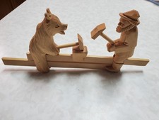 Vintage Hand-Carved Folk Russian Wood Toy - Man & Bear Hammering Bogorodskoye picture