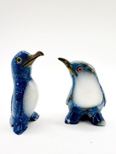 Pair of Carved Blue Lapis Lazuli Penguin Inlaid White Marble Belly Brass Beak picture