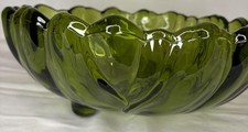 Vtg Indiana Glass avocado green footed Round Scalloped Rim serving bowl 10.75” picture