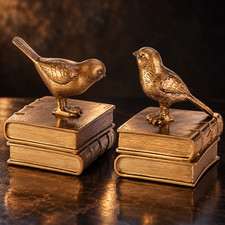 LUXURY BRASS TONE BIRD BOOKENDS PAIR ORNATE RESIN LIBRARY SHELF DECOR picture