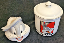 2 pc VTG Looney Tunes Bugs Bunny Cookie Jar and Kitchen Utensil Holder picture