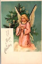 Glitter Christmas Postcard Angel with Candlelit Tree in the Clouds picture