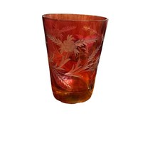 Cranberry Glass Vase  Etched Floral 6.5