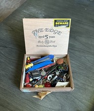 VTG Estate Mixed Junk Drawer Lot Box Tokens Tools Tie Bar Tack Pin Cigar Box picture