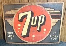 Vintage 1946 7UP “You Like It” “It Likes You” Deco Painted Metal Embossed Sign picture