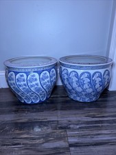 Pair Vintage Chinese Blue & White Porcelain Wave Fishbowl Planter Pots 12x9 picture