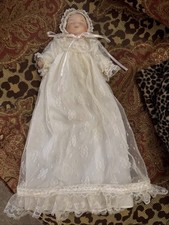 Vintage Porcelain Sleeping Baby Doll Long White Lace Gown Bonnet Collectible picture