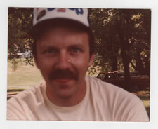 Vintage 80s Photo Intense Gaze Mustache Man Trucker Hat Pickup Truck Snapshot picture