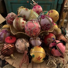 Vintage Satin Handmade Push Pin Beaded/Sequin Artisan Ornaments Lot Of 38 picture