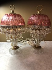Pair of Vintage Michelotti Cranberry Pink Glass Boudoir Lamps Double Row Prisms picture