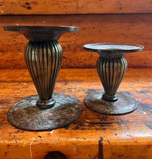 Vintage Pair BRASS Patinated Dual Pillar Stick Candle Holders MCM Art Deco picture