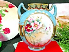 Nippon hand painted swan and pink blossom vase double handle urn gold gilt 1920  picture