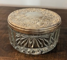 Vintage Cut Glass/Silver Plate Vanity Powder Jar w/ Ornate Mirror Lid  picture